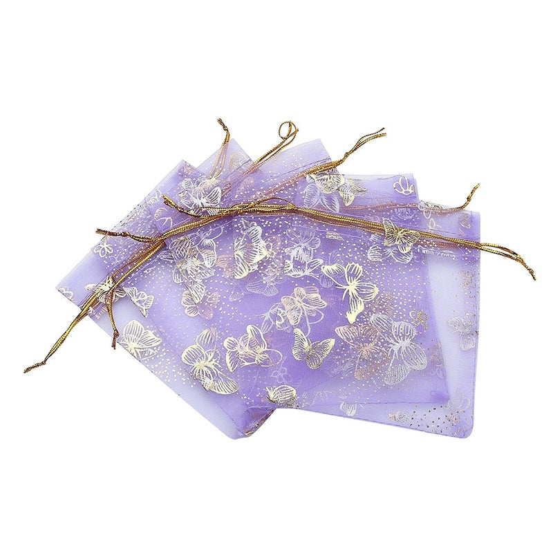 Ankirol 100pcs Mini Sheer Organza Wedding Favor Bags 3.5x4.5'' Luxury Jewelry Candy Gift Card Bags With Gold Line Drawstring Pouches Butterflies (light purple) - Image 1